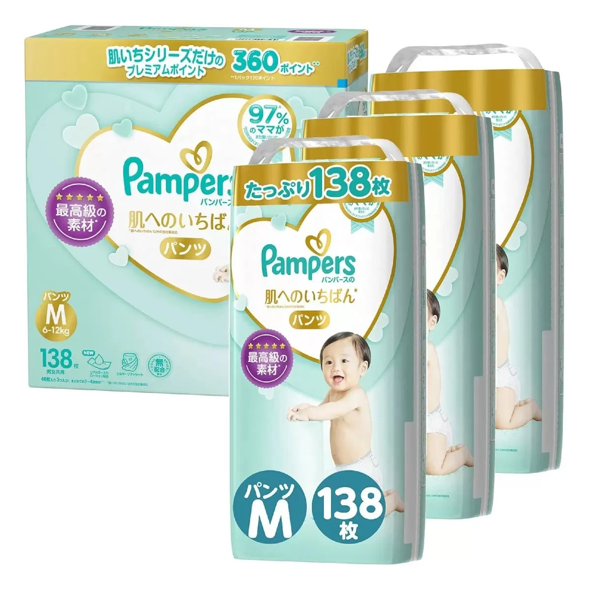 Pampers Diapers, M, Size: Hajimete no Hada no Ichiban (6-12kg) 138 sheets (46 sheets x 3 packs)