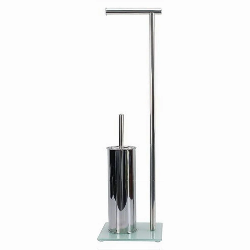 PIANTANA PORTA ROTOLO CARTA IGIENICA CON PORTA SCOPINO CROMATO BASE VETRO 59968 - Cleafe