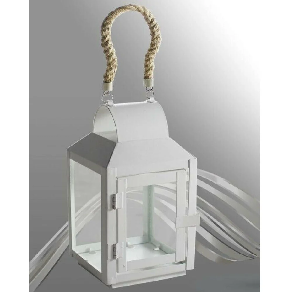 PORTA CANDELA LUMINO LANTERNA IN VETRO METALLO BIANCO CON MANICO IN CORDA 42263 - TrAdE Shop Traesio