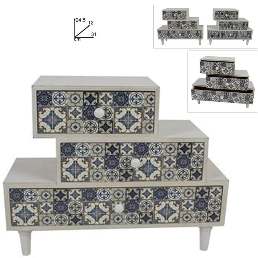 PORTA OGGETTI CASSETTIERA SFALSATI CON 3 CASSETTI LEGNO COUNTRY CHIC ARREDAMENTO - TrAdE Shop Traesio