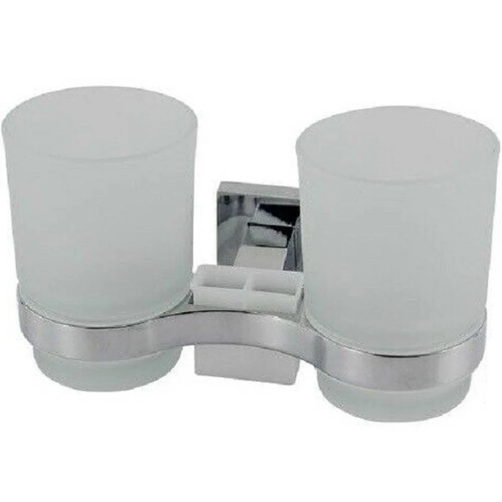 PORTA SPAZZOLINO 2 BICCHIERI DENTIFRICIO MURO PARETE ACCIAIO VETRO SQUARE 59187 - Cleafe