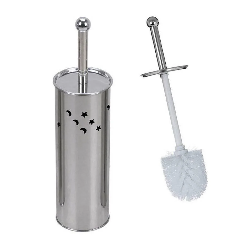 PORTASCOPINO CILINDRO ACCIAIO BAGNO SPAZZOLONE WC ARGENTO CON STELLE LUNE 52666 - Cleafe