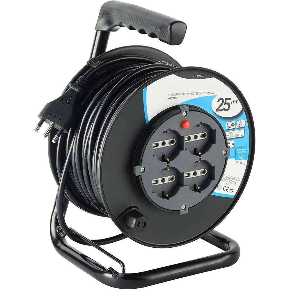 PROLUNGA ELETTRICA CAVO 25 MT AVVOLGICAVO 4 PRESE SCHUKO POLIVALENTI SPINA 16A - TrAdE Shop Traesio