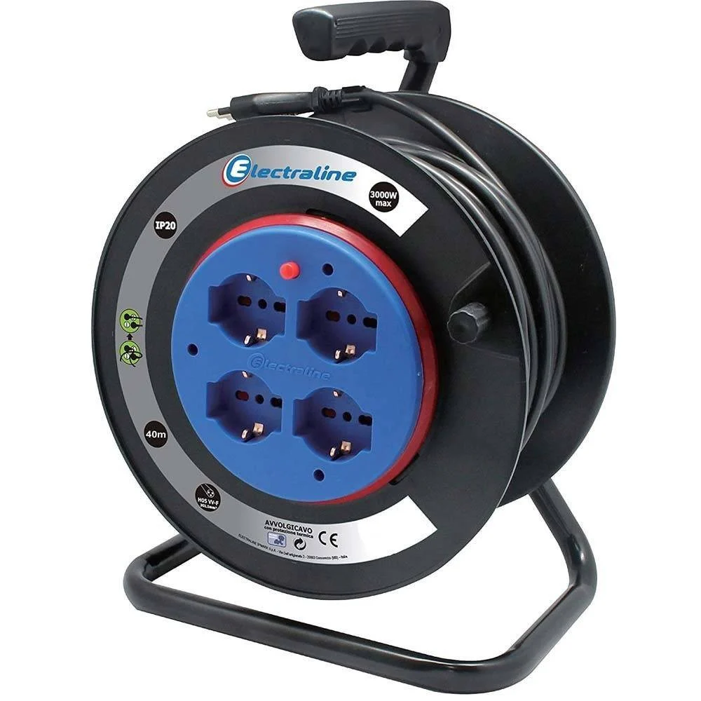 PROLUNGA ELETTRICA CAVO 40 MT AVVOLGICAVO 4 PRESE SCHUKO POLIVALENTI SPINA 16A - TrAdE Shop Traesio
