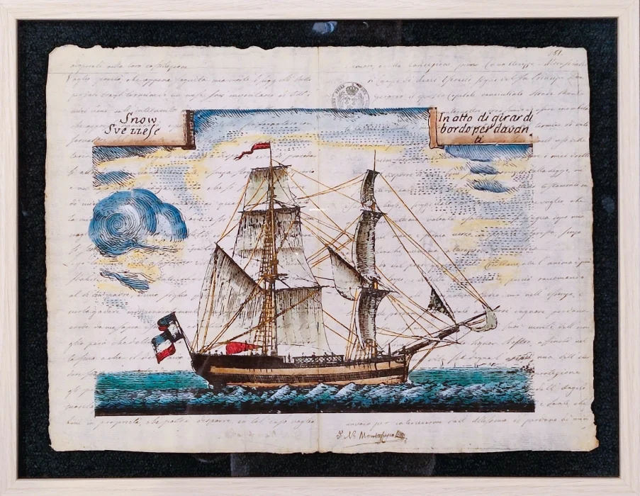 quadro “bastimento su carta antica; snow svezzese – in atto di girar di bordo per davanti” - Arredamento marinaresco