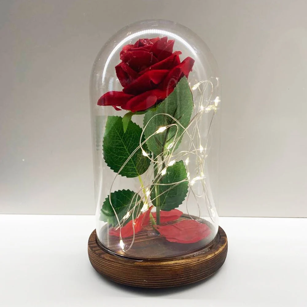 ROSA ETERNA INCANTATA LA BELLA E LA BESTIA IN CUPOLA CON BASE LEGNO E LUCI A LED - TrAdE Shop Traesio