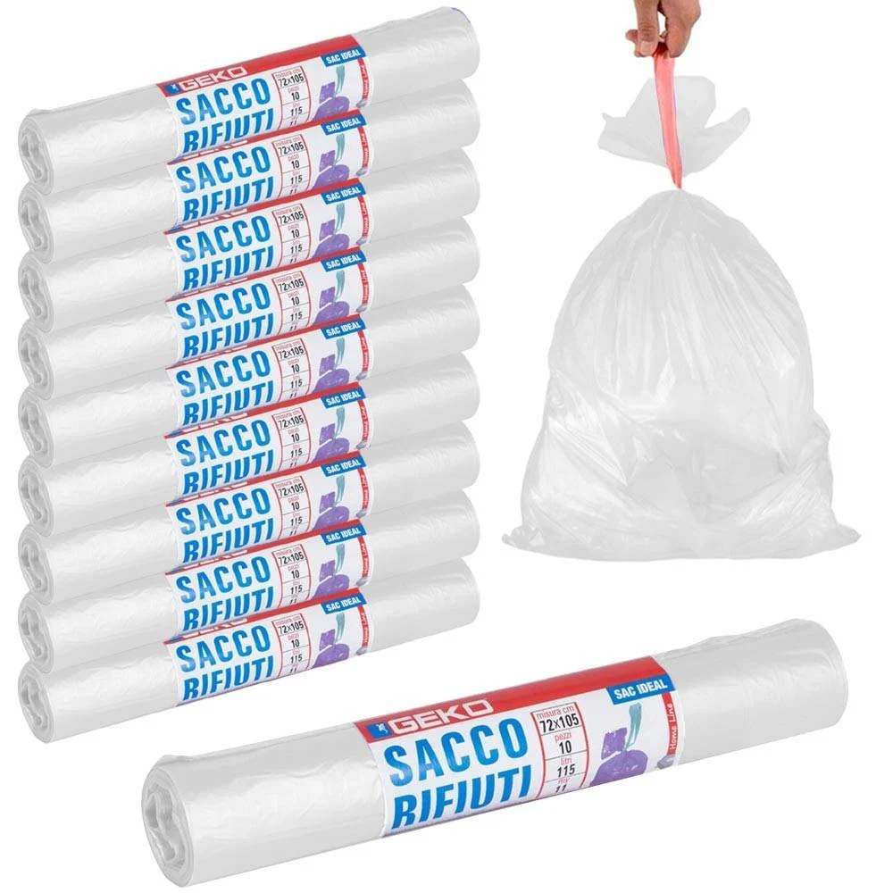 ROTOLI SACCHETTI BUSTE PER SPAZZATURA 115LT 72X105 CHIUSURA CON LACCETTO BIANCO - TrAdE Shop Traesio