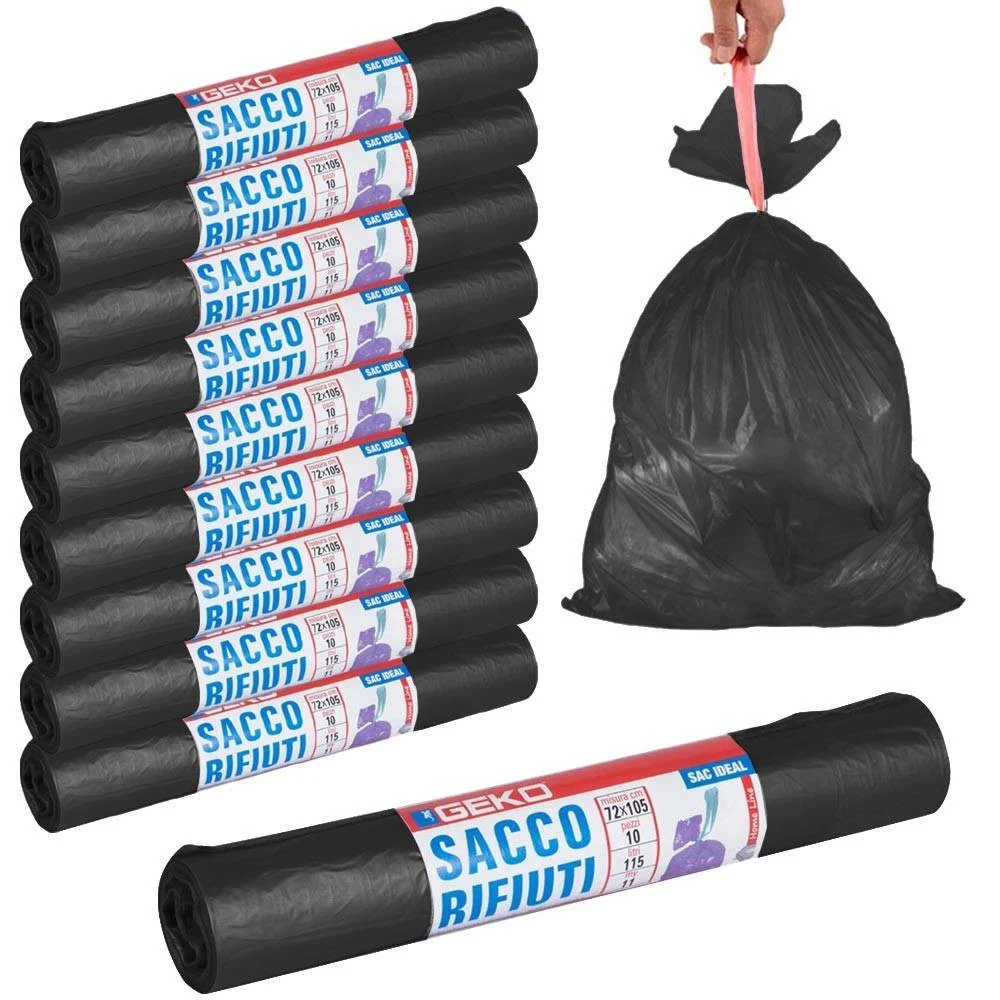 ROTOLI SACCHETTI BUSTE PER SPAZZATURA 115LT 72X105CM CHIUSURA CON LACCETTO NERO - TrAdE Shop Traesio