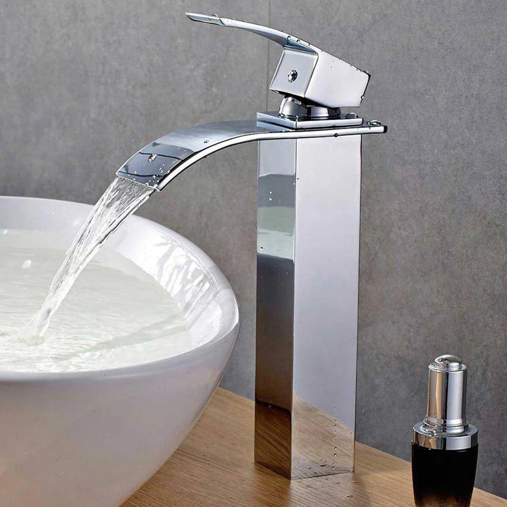 RUBINETTO ALTO DA BAGNO DESIGN MODERNO A CASCATA MISCELATORE MONOCOMANDO CROMATO - TrAdE Shop Traesio