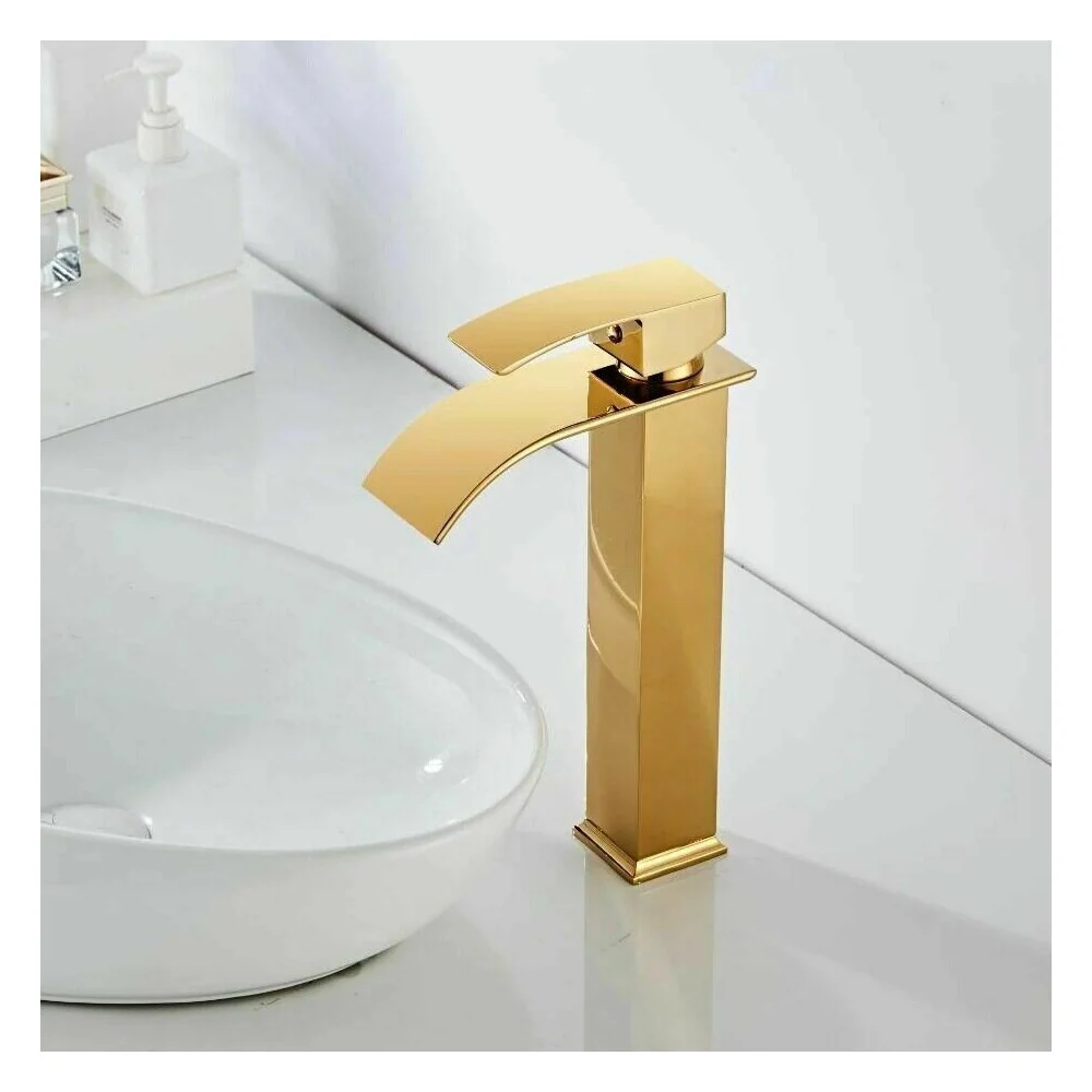 RUBINETTO ALTO DA BAGNO DESIGN MODERNO A CASCATA MISCELATORE MONOCOMANDO DORATO - Cleafe