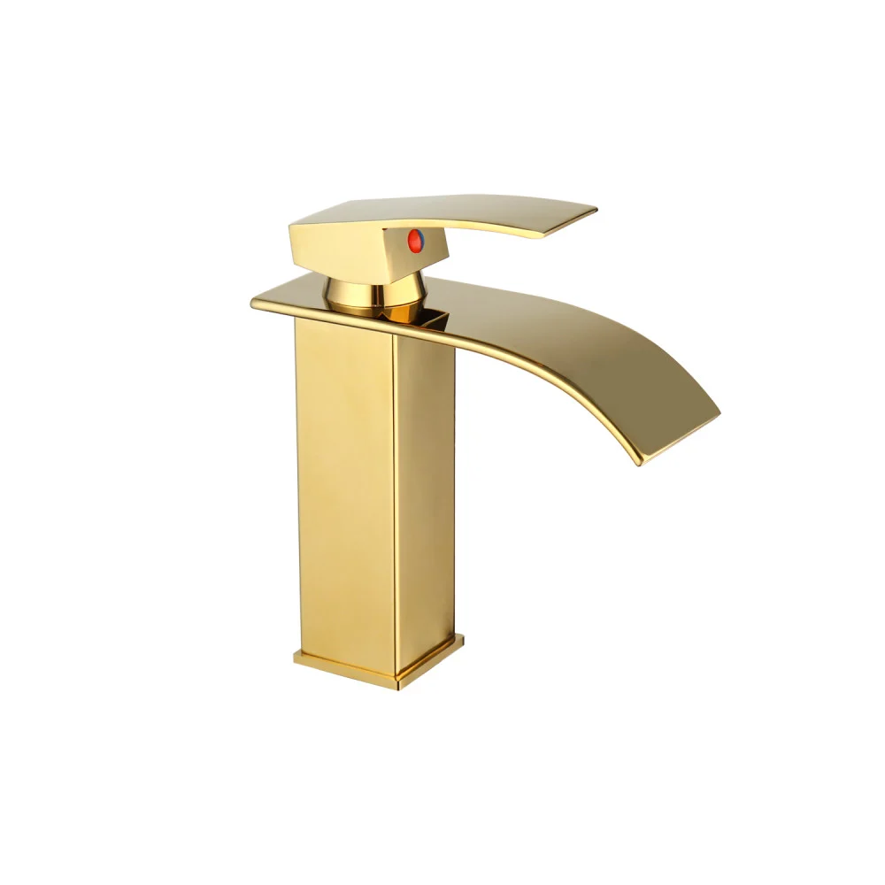 RUBINETTO ORO DA BAGNO DESIGN MODERNO A CASCATA MISCELATORE MONOCOMANDO DORATO - Cleafe