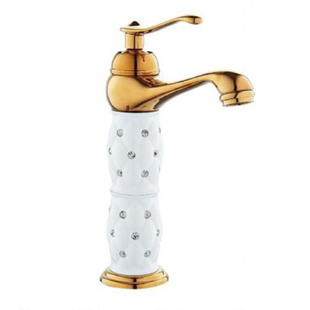 RUBINETTO PER LAVABO ALTO CON BRILLANTINI MISCELATORE BAGNO MONOFORO ORO 52150 - Cleafe