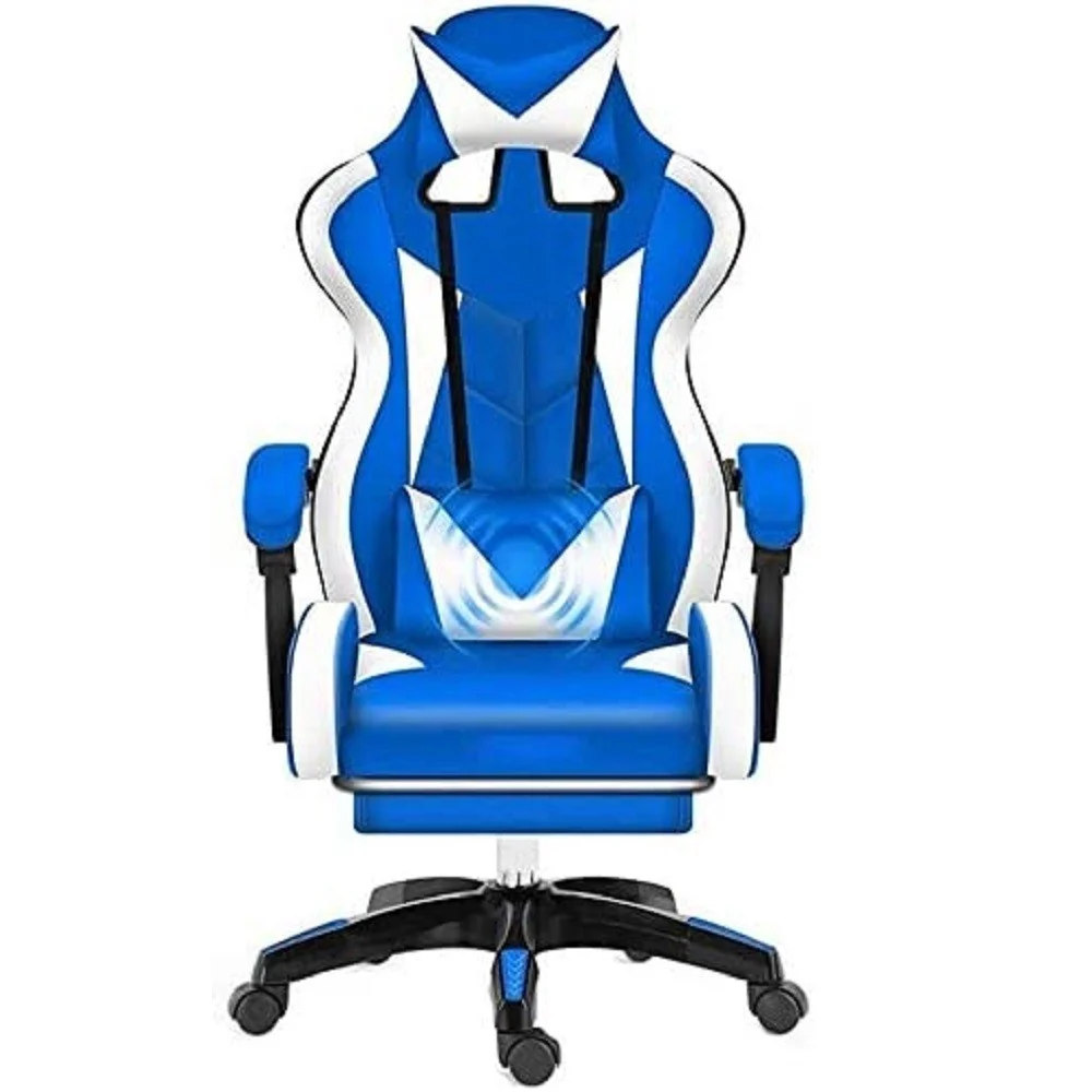 SEDIA POLTRONA UFFICIO CASA IN ECOPELLE CUSCINO LOMBARE POGGIATESTA PIEDI BLU BIANCO - TrAdE Shop Traesio