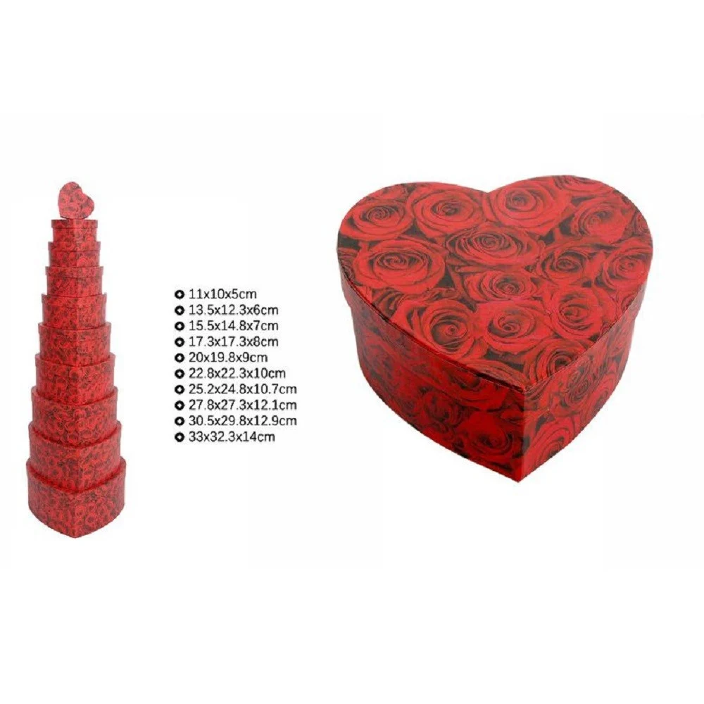 SET 10 PZ SCATOLE BOX REGALI VARIE MISURE MATRIOSKA FORMA CUORE ROSE ROSSE 71967 - TrAdE Shop Traesio