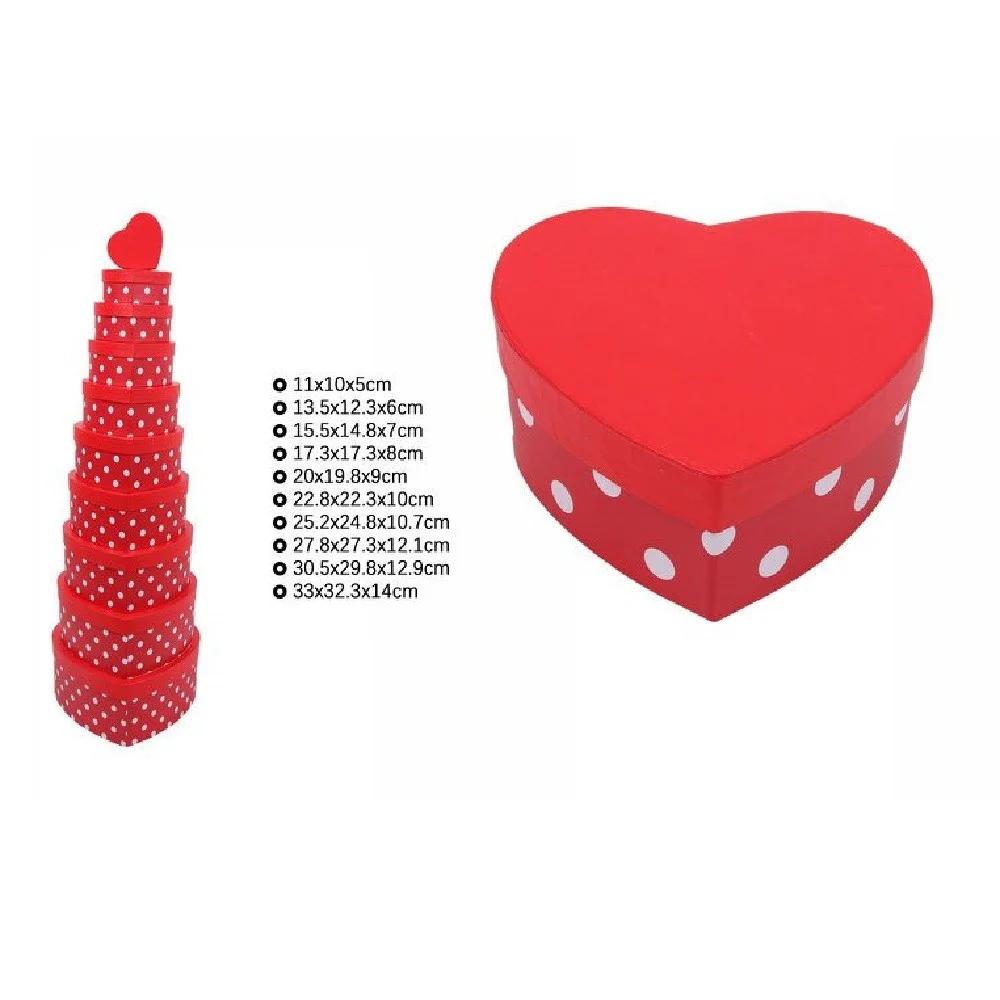 SET 10 PZ SCATOLE BOX REGALI VARIE MISURE MATRIOSKA FORMA CUORE ROSSO POIS 71953 - TrAdE Shop Traesio