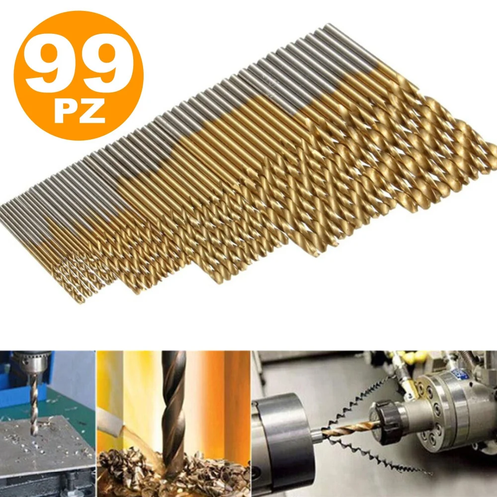 SET 100PZ 99 PUNTE PER TRAPANO HSS DORATE IN TITANIUM 1.5mm - 10mm PROESSIONALI