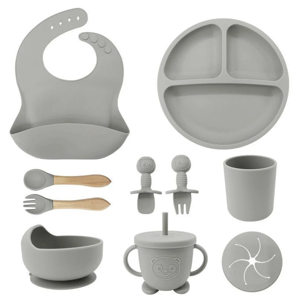 SET 10PZ PAPPA SVEZZAMENTO BAMBINI SILICONE PIATTO CIOTOLA CUCCHIAIO FORCHETTA BAVAGLINI - TrAdE Shop Traesio