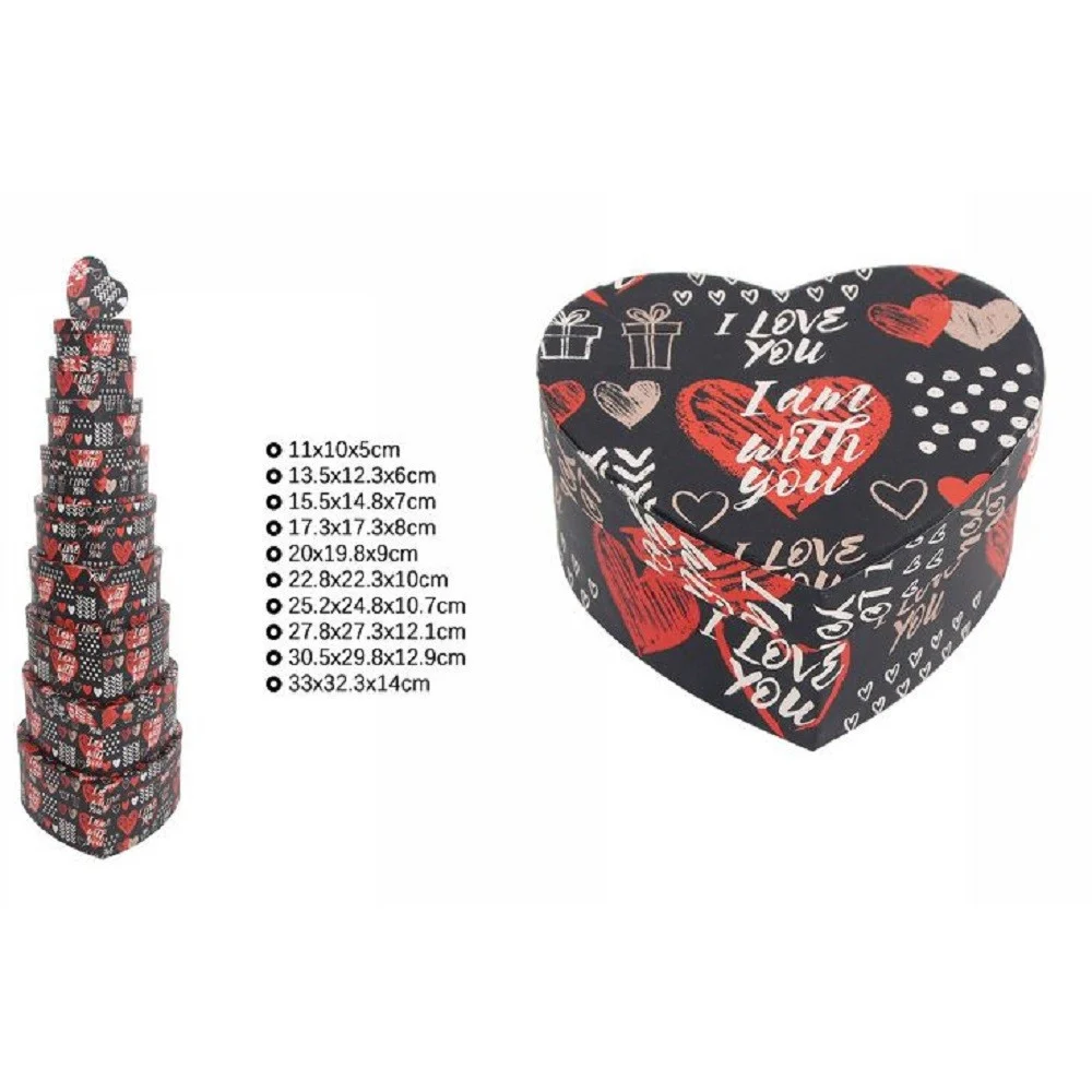 SET 10PZ SCATOLE BOX REGALI VARIE MISURE MATRIOSKA FORMA CUORE NERA SCRITTE 71970 - TrAdE Shop Traesio