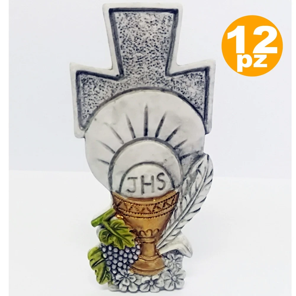 SET 12 BOMBONIERE CROCE COMUNIONE EUCARESTIA CALICE BIANCO CERAMICA SOPRAMMOBILE - TrAdE Shop Traesio