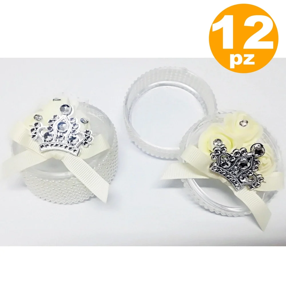 SET 12 BOMBONIERE SCATOLA CORONA ROSA BIANCA PERLE 6x3CM PORTACONFETTI MATRIMONI - TrAdE Shop Traesio