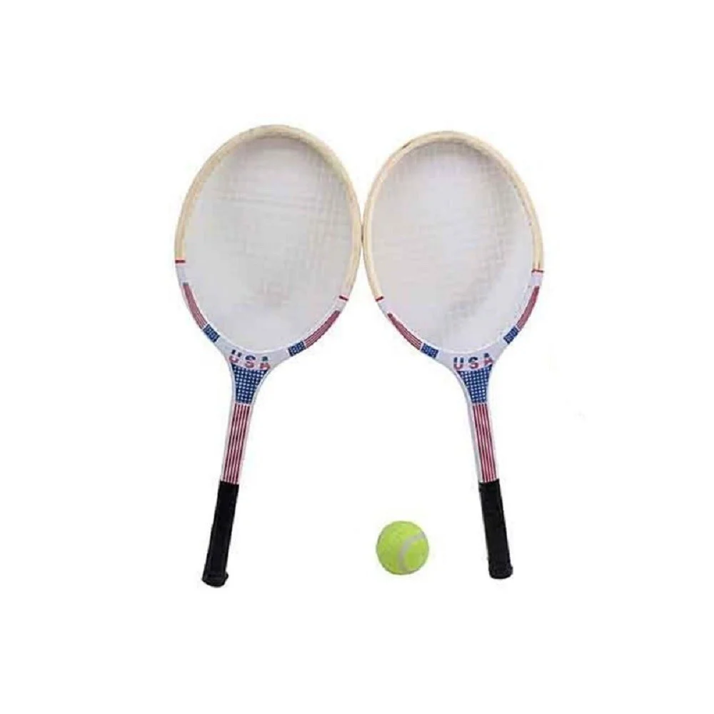 SET 2 RACCHETTE DA TENNIS LEGNO USA BANDIERA AMERICANA CON PALLINA VERDE 61 CM - TrAdE Shop Traesio