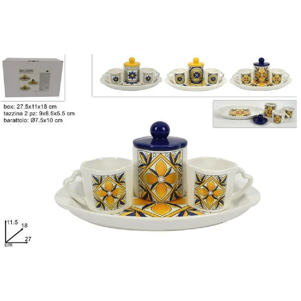 SET 2 TAZZINE TAZZE SERVIZIO TÈ CAFFÈ CON BARATTOLO VASSOIO CON DECORO MAIOLICA - TrAdE Shop Traesio