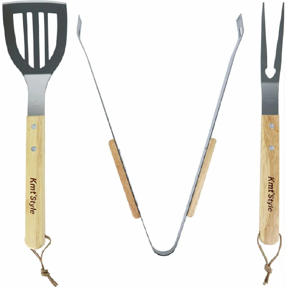 SET 3 ATTREZZI GRIGLIA BARBECUE FORCHETTONE PINZA SPATOLA IN ACCIAIO MANICO LEGNO - TrAdE Shop Traesio