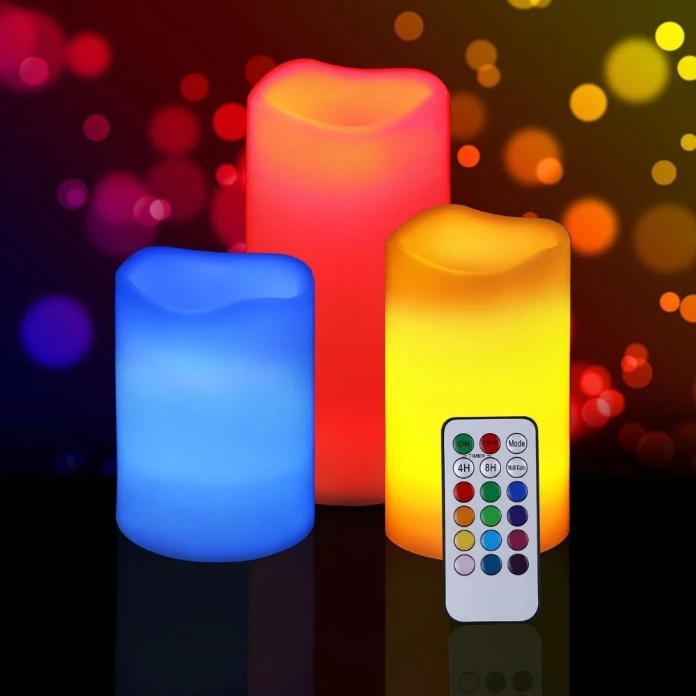 SET 3 CANDELE LED LUCE RGB CANDELA TELECOMANDO FUOCO FINTO CROMOTERAPIA MASSAGGI - TrAdE Shop Traesio