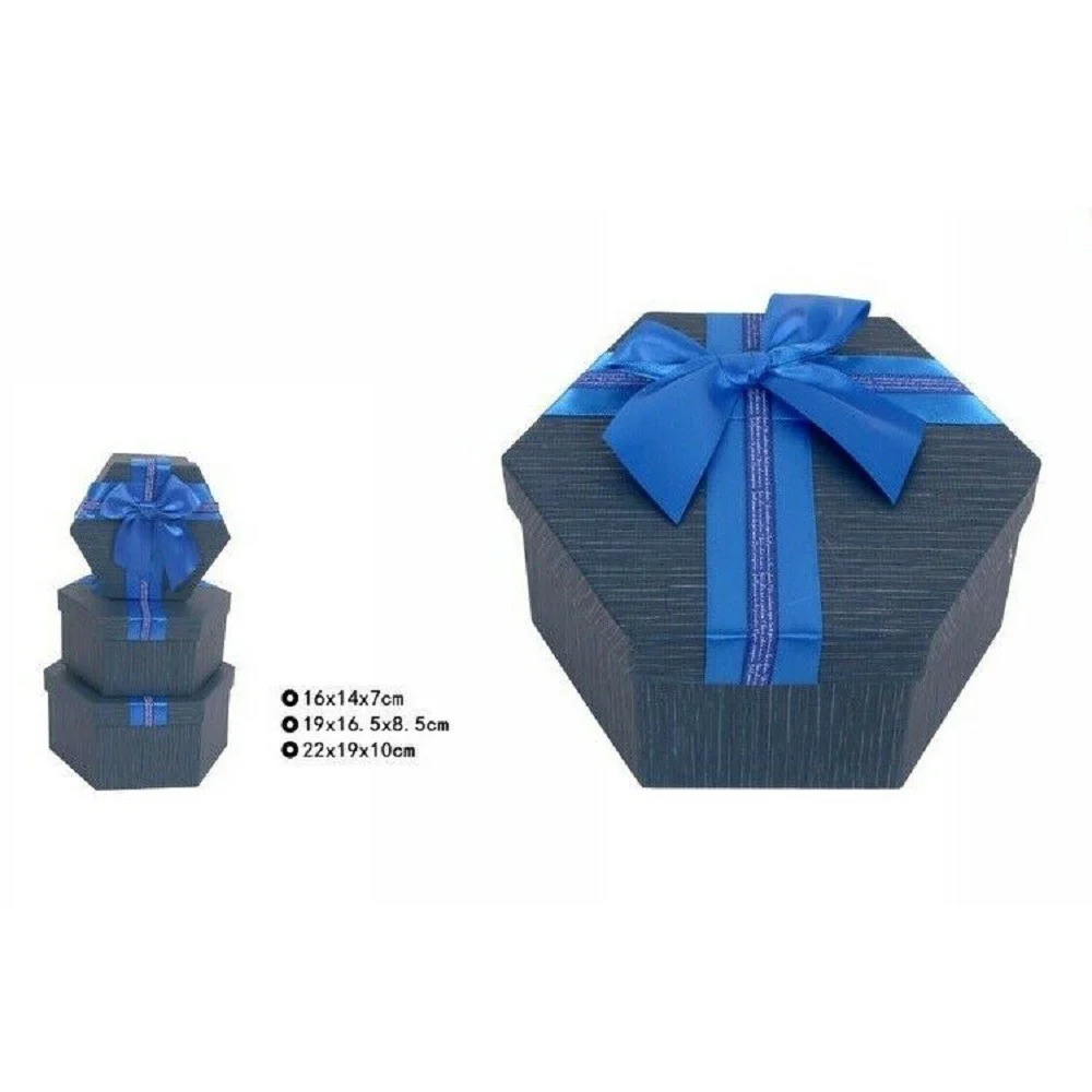 SET 3 PEZZI SCATOLE BOX PER REGALI VARIE MISURE ESAGONALI BLU CON FIOCCO 69352 - TrAdE Shop Traesio