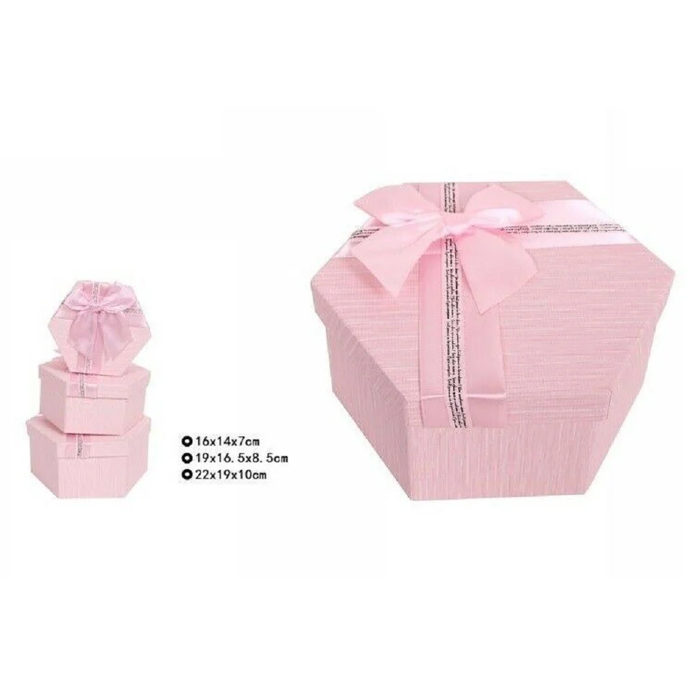 SET 3 PEZZI SCATOLE BOX PER REGALI VARIE MISURE ESAGONALI ROSA CON FIOCCO 69351 - TrAdE Shop Traesio