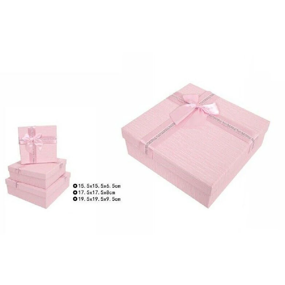SET 3 PEZZI SCATOLE BOX PER REGALI VARIE MISURE QUADRATE ROSA CON FIOCCO 69346 - TrAdE Shop Traesio