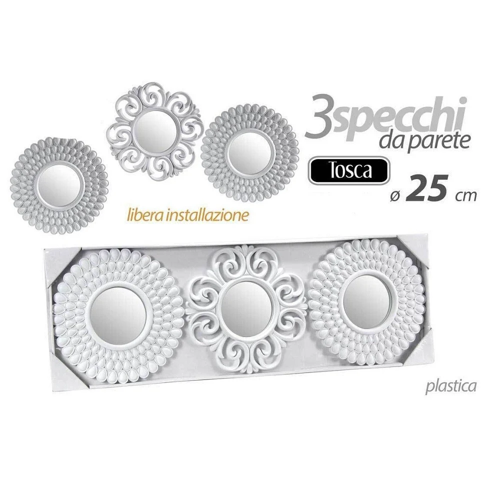 SET 3 PEZZI SPECCHI DA PARETE DECORATIVI TONDI SPECCHIO 25 CM IN PLASTICA 813016 - Kaela