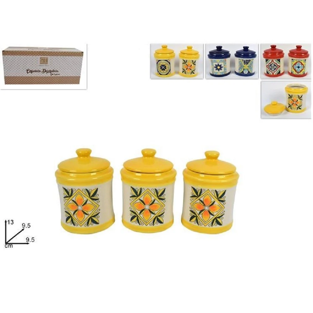 SET 3 PEZZI TRIS BARATTOLI COLORATI IN CERAMICA CON DECORO FANTASIA MAIOLICA - TrAdE Shop Traesio