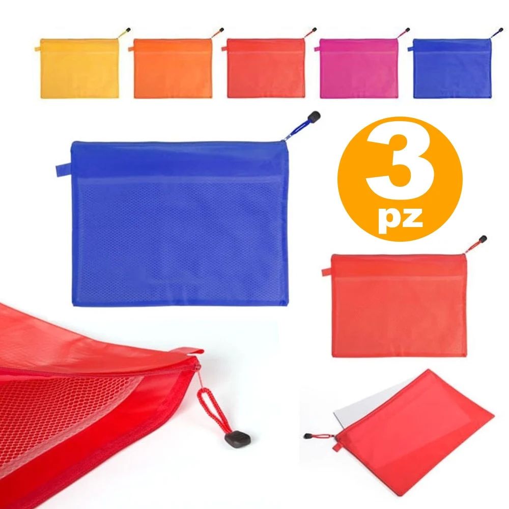 SET 3 PORTADOCUMENTI BUSTA PVC ZIP TASCA INTERNA RETE 37.5x27CM APPUNTI CARTELLA - TrAdE Shop Traesio