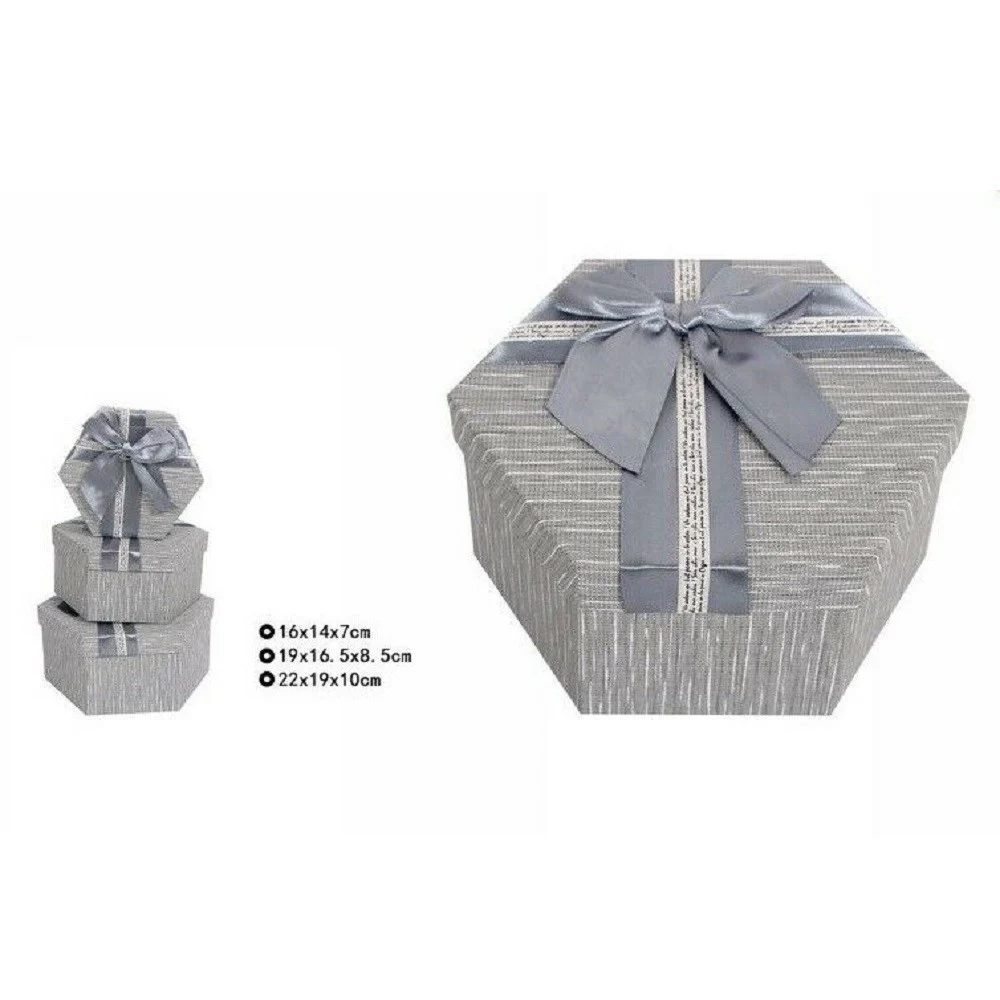 SET 3 PZ SCATOLE BOX PER REGALI VARIE MISURE ESAGONALI GRIGIA CON FIOCCO 69354 - TrAdE Shop Traesio
