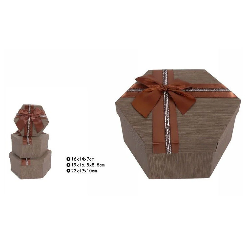 SET 3 PZ SCATOLE BOX PER REGALI VARIE MISURE ESAGONALI MARRONE CON FIOCCO 69353 - TrAdE Shop Traesio