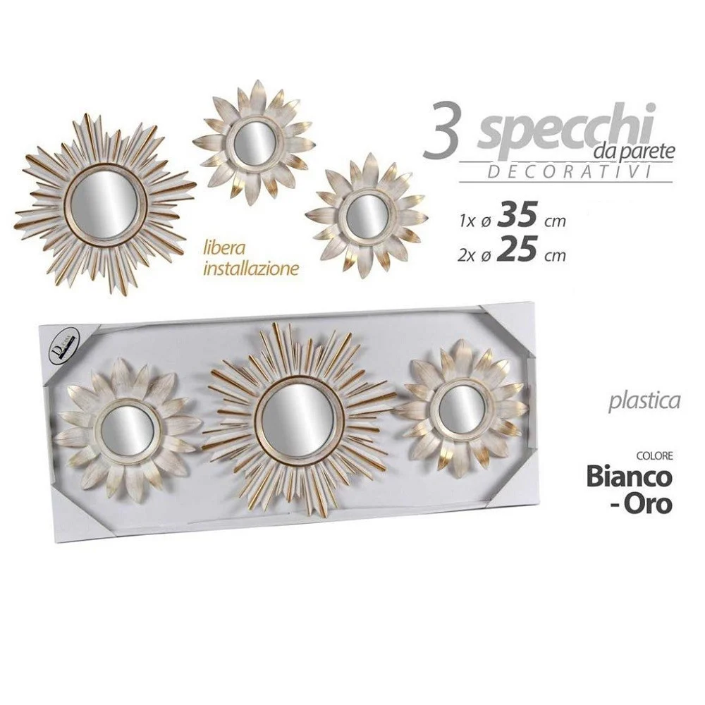 SET 3 PZ SPECCHI PARETE BIANCO ORO 25/35 CM PLASTICA LIBERA INSTALLAZIONE 823909 - Kaela