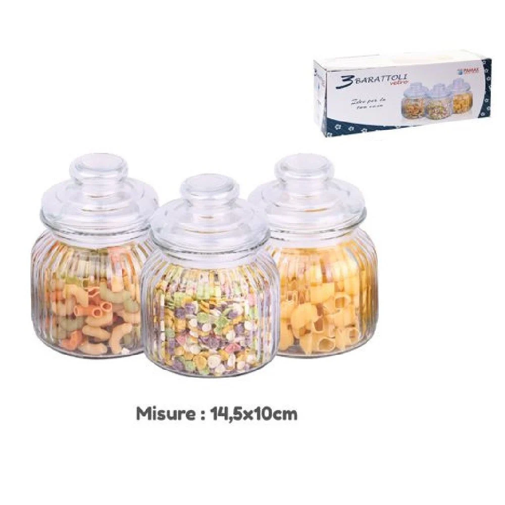 SET 3 TRIS BARATTOLI CON COPERCHIO VETRO 14.5X10CM CUCINA PASTA BISCOTTI 710916 - TrAdE Shop Traesio