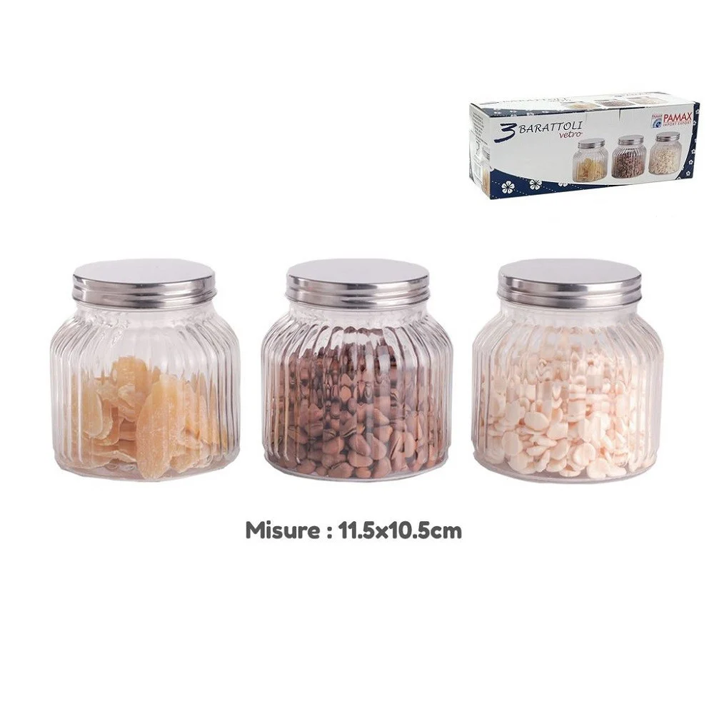 SET 3 TRIS BARATTOLI VETRO COPERCHIO ALLUMINIO CONTENITORI BISCOTTI 11.5X10.5CM - TrAdE Shop Traesio