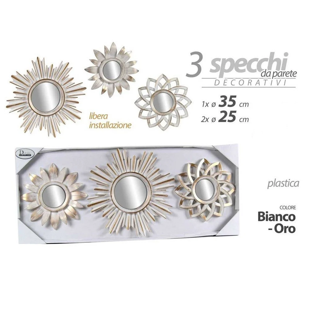SET 3PZ SPECCHI DA PARETE DECORATIVI BIANCO ORO 25/35CM SPECCHIO PLASTICA 823923 - Kaela