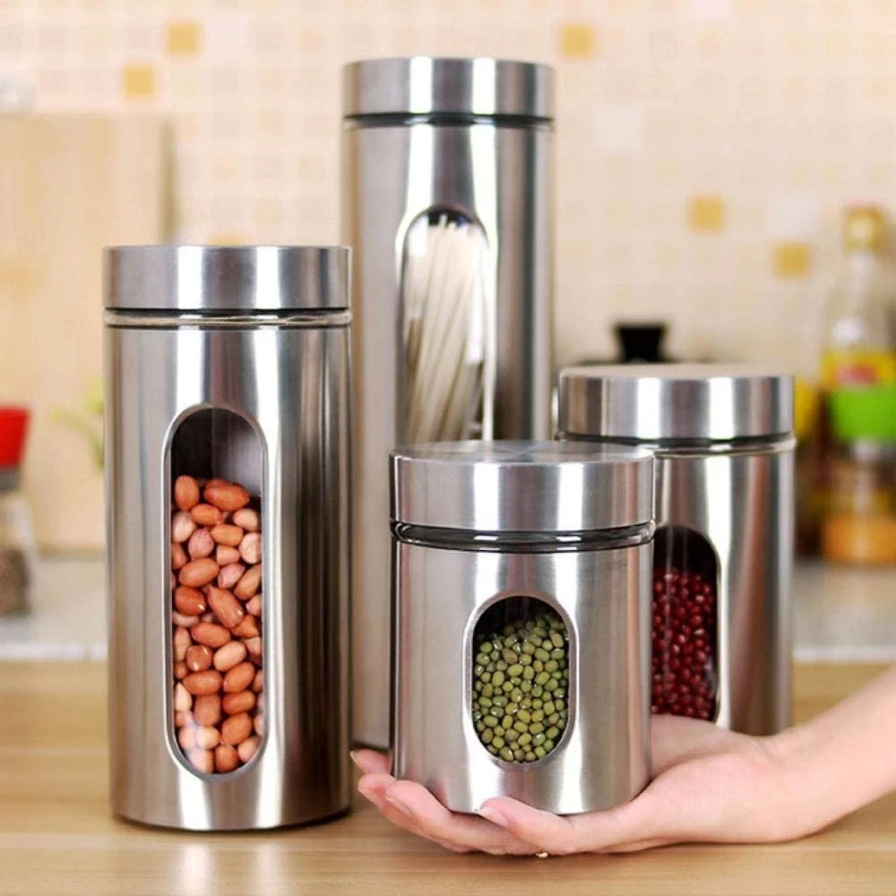 SET 4PZ CONTENITORI PER ALIMENTI IN ACCIAIO PER TÈ CAFFÈ SPEZIE BISCOTTI ZUCCHERO - TrAdE Shop Traesio
