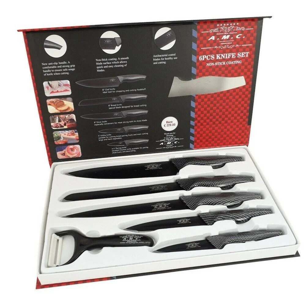 SET 5 COLTELLI DA CUCINA IN ACCIAIO EFFETTO CARBONIO PIU PELAPATATE - TrAdE Shop Traesio