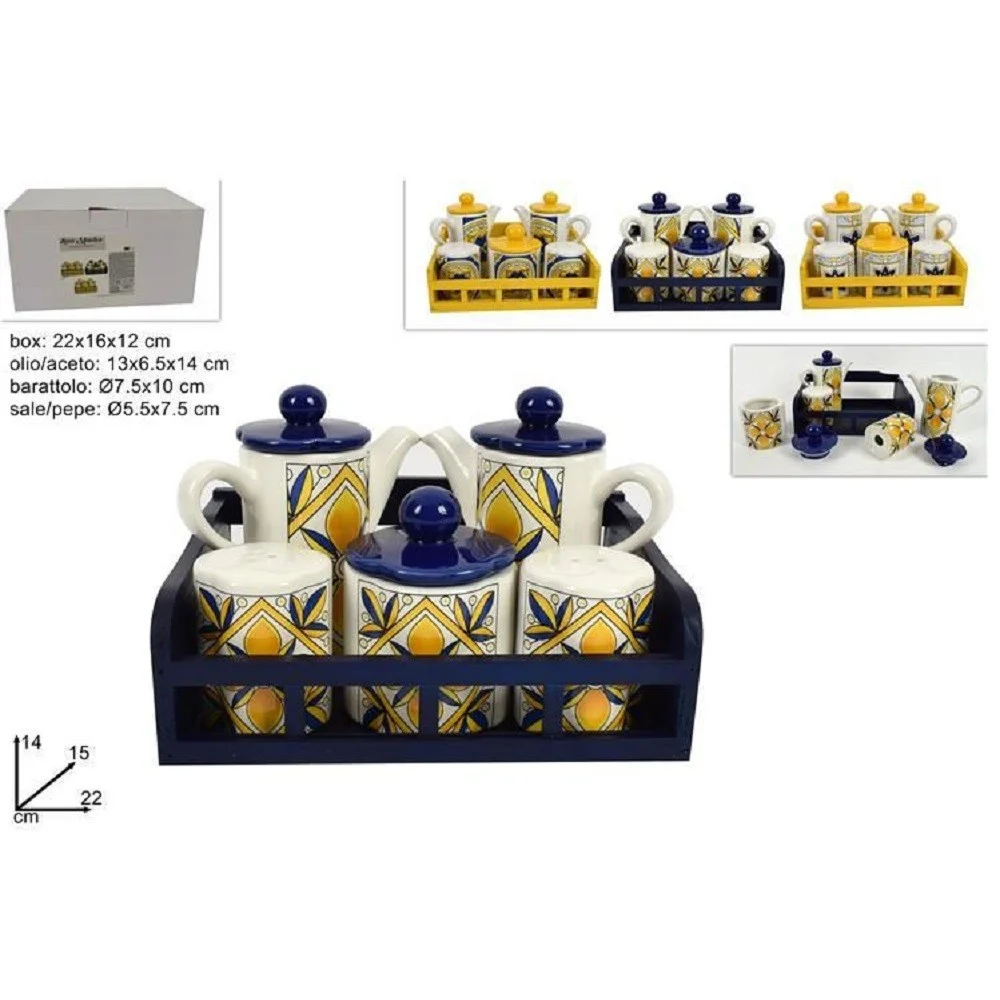 SET 5 PZ MENAGE IN CERAMICA DECORATA FANTASIA MAIOLICA CON ESPOSITORE SUPPORTO - TrAdE Shop Traesio