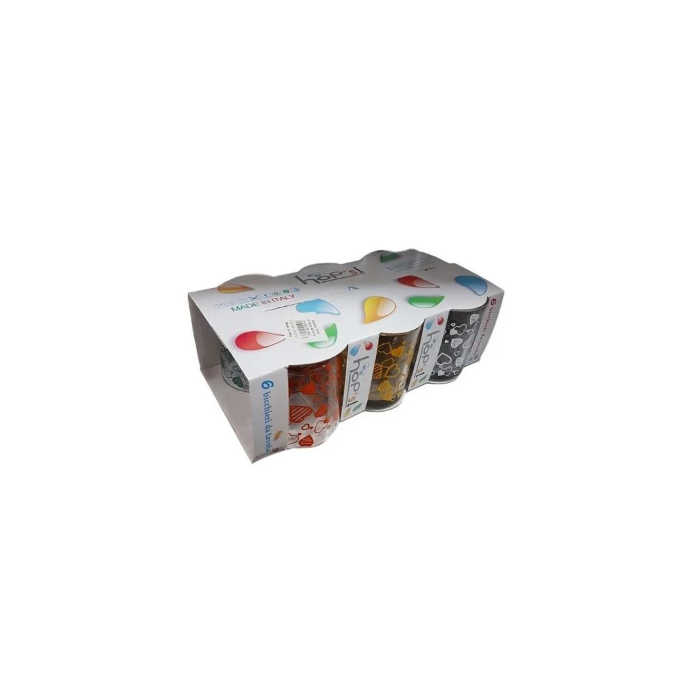 SET 6 BICCHIERI DA TAVOLA IN VETRO DECORATI COLORATI CUORI 250ML BIBITE ACQUA - TrAdE Shop Traesio