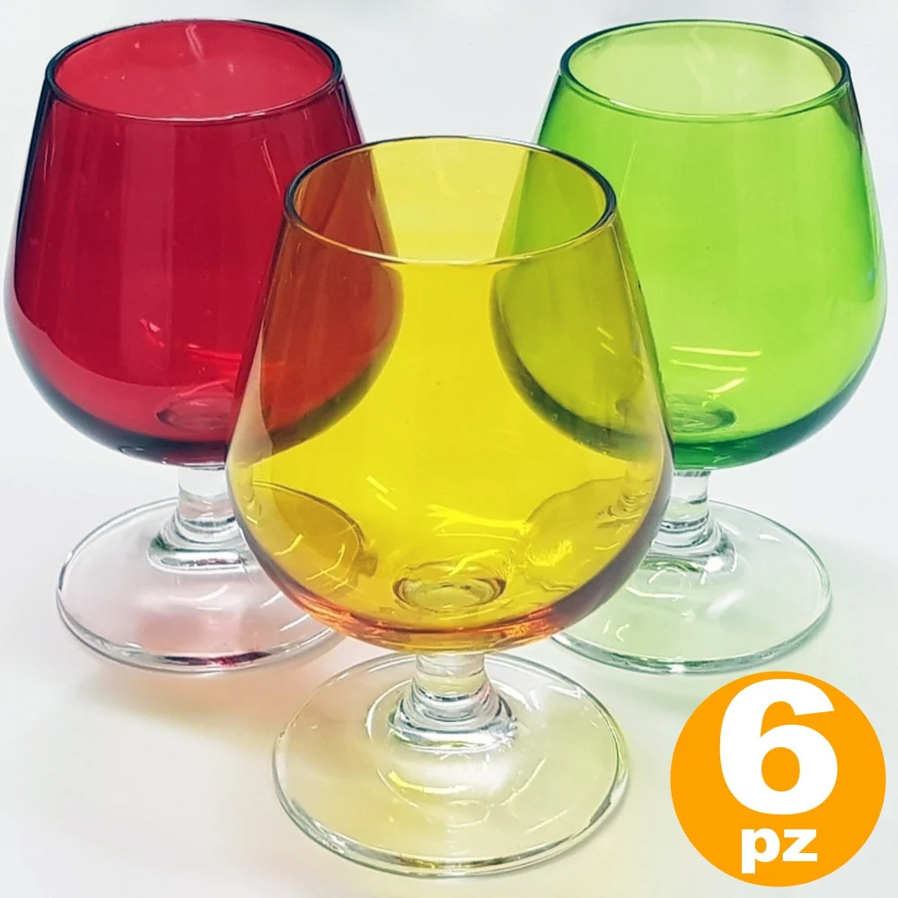 SET 6 BICCHIERI GLOBO SWEET COLORATI VETRO BEVANDA LIQUORE DISTILLATI CICCHETTI - TrAdE Shop Traesio