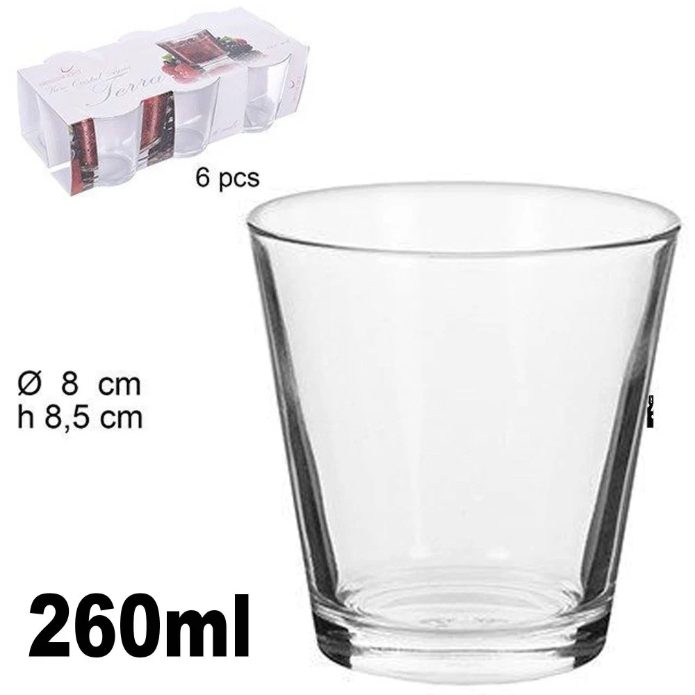 SET 6 BICCHIERI TRASPARENTI 260ML IN VETRO DA TAVOLA ACQUA DIAMETRO 8CM H 8,5CM - TrAdE Shop Traesio