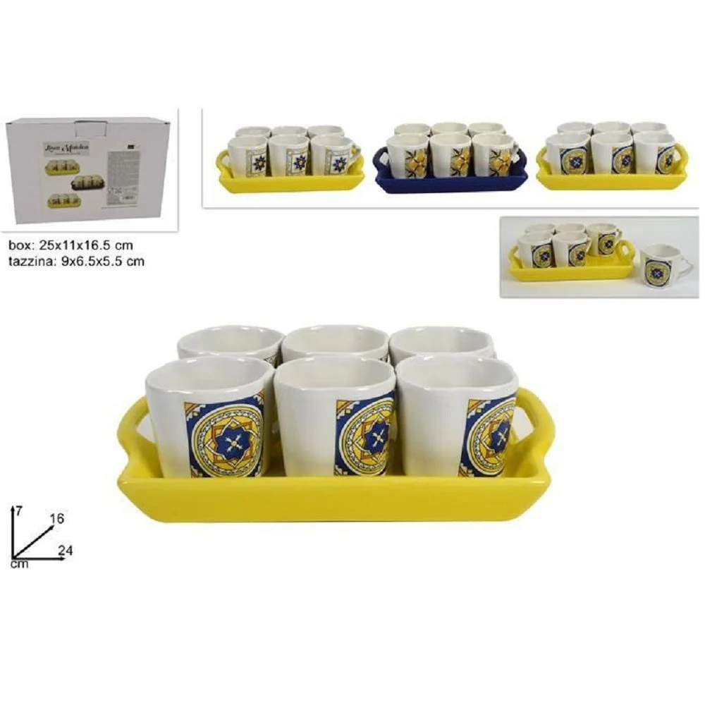 SET 6 PEZZI TAZZINE TAZZE SERVIZIO TÈ CAFFÈ CON VASSOIO CON DECORO MAIOLICA - TrAdE Shop Traesio