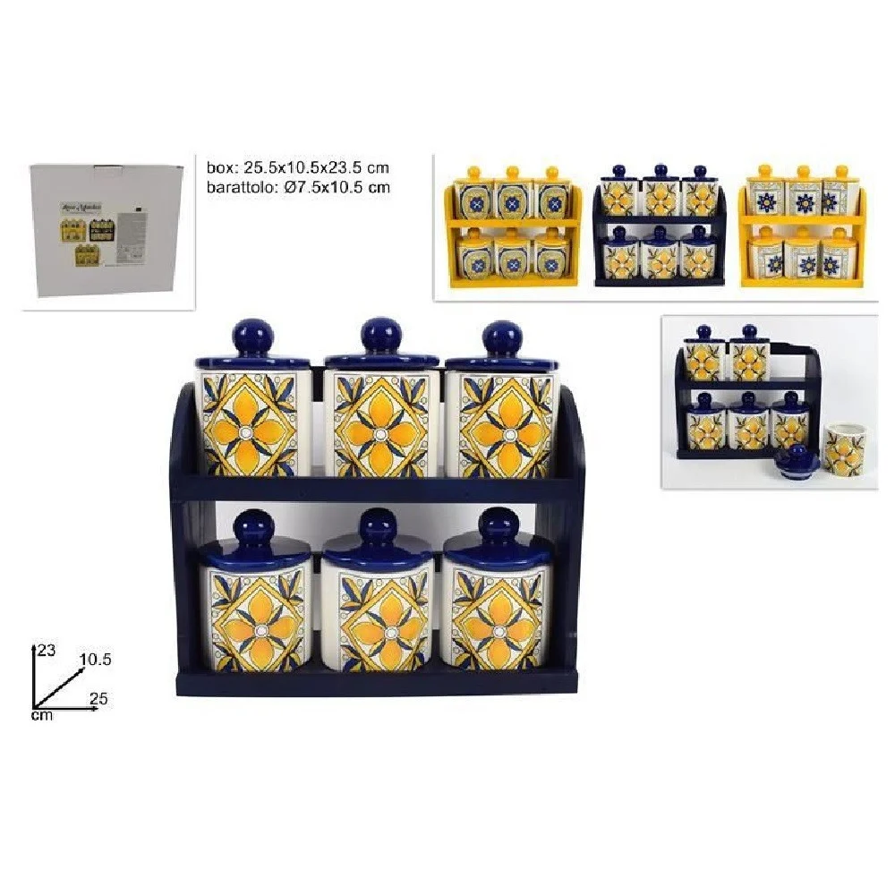 SET 6 PZ BARATTOLI IN CERAMICA DECORATA FANTASIA DECORO MAIOLICA CON ESPOSITORE - TrAdE Shop Traesio