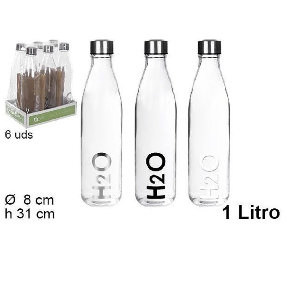 SET 6 PZ BOTTIGLIA D'ACQUA H2O VETRO TRASPARENTE 1LT BORRACCIA ASSORTITA 109284 - TrAdE Shop Traesio