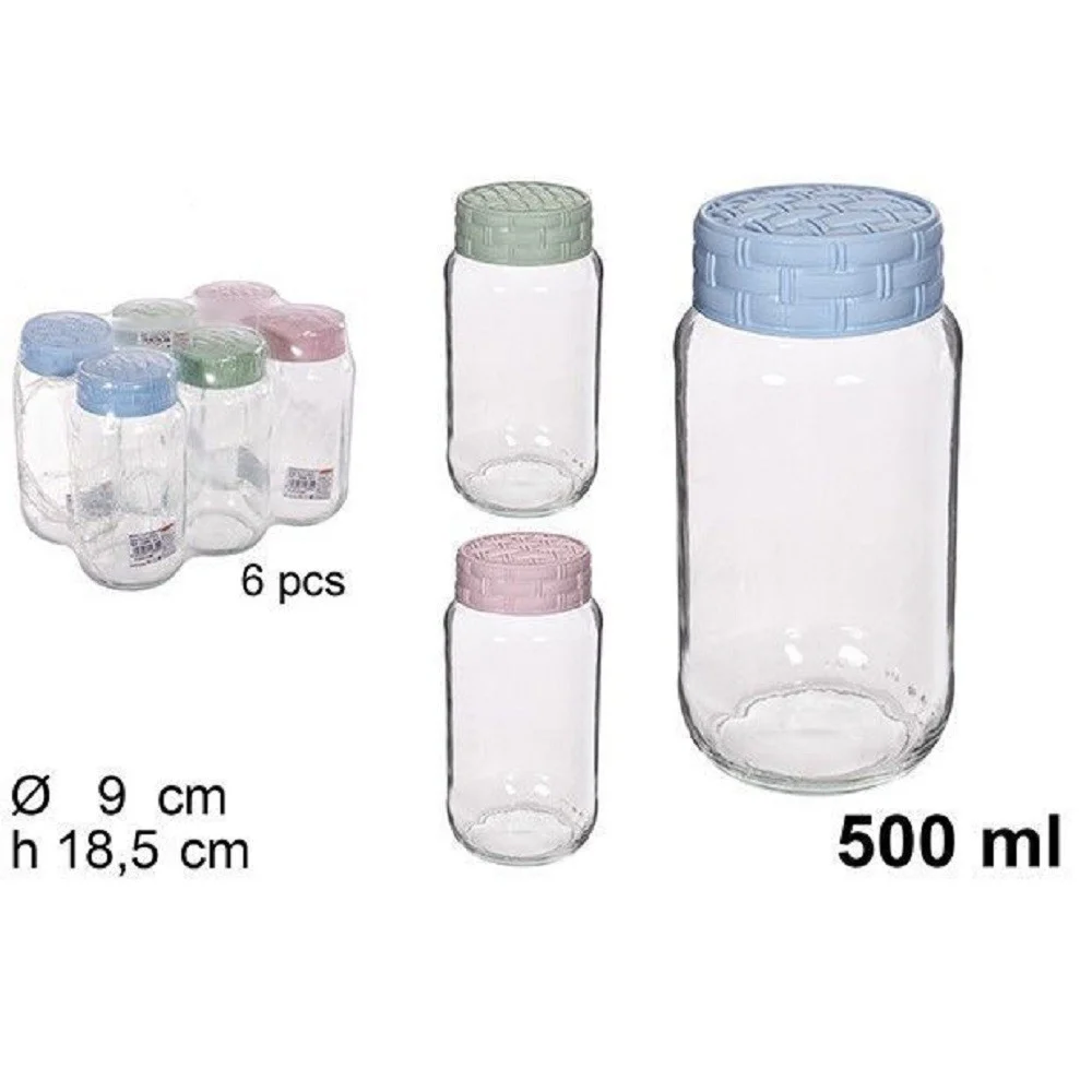 SET 6 PZ CONTENITORE BARATTOLO VETRO CON COPERCHIO RATTAN COLORATO 500 ML 114655 - TrAdE Shop Traesio